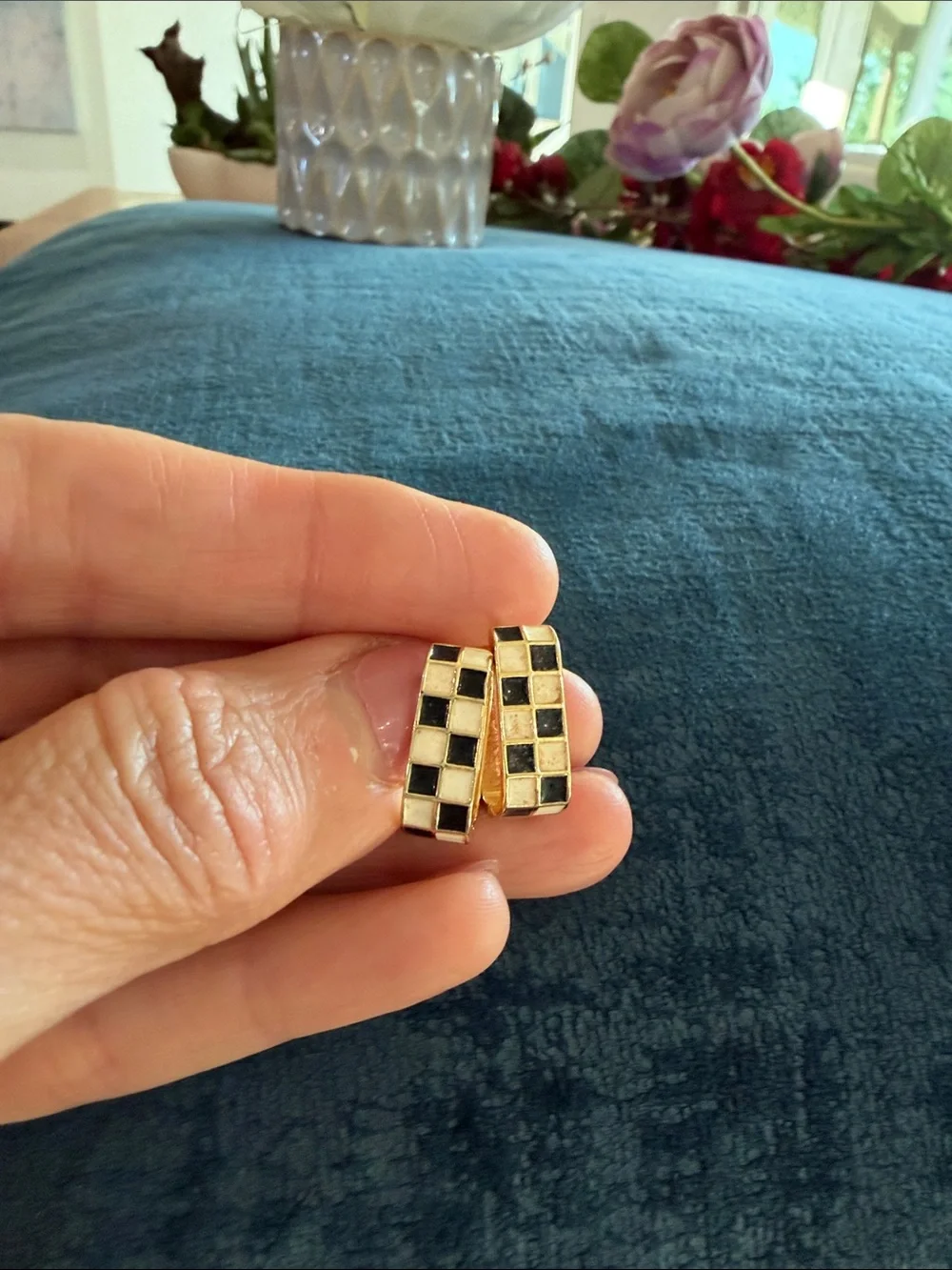 Gold Toned Huggie Earrings with Black and White Checkerboard
